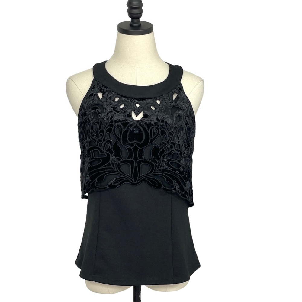 New York & Company Sleeveless Halter Neck Top Cutout Overlay Black Size Small